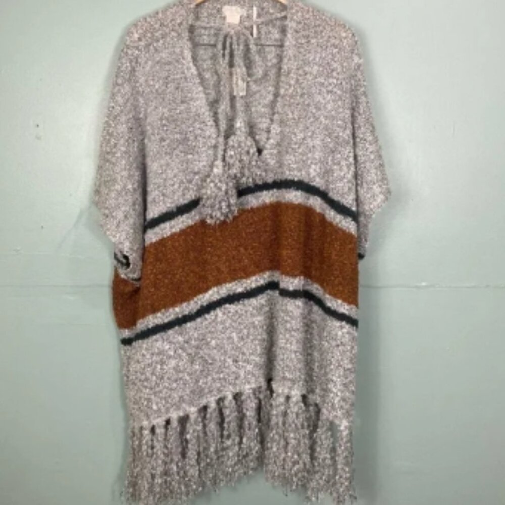 Free People Oversized Sweater Gray Brown Fringe‎ Slouchy One Size Poncho